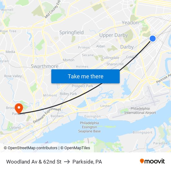 Woodland Av & 62nd St to Parkside, PA map