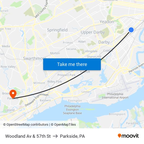 Woodland Av & 57th St to Parkside, PA map