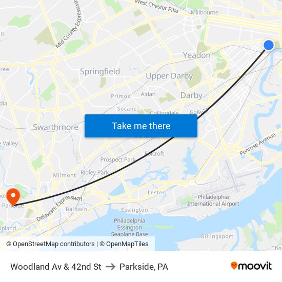 Woodland Av & 42nd St to Parkside, PA map