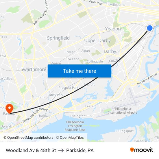 Woodland Av & 48th St to Parkside, PA map