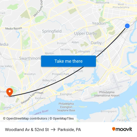Woodland Av & 52nd St to Parkside, PA map