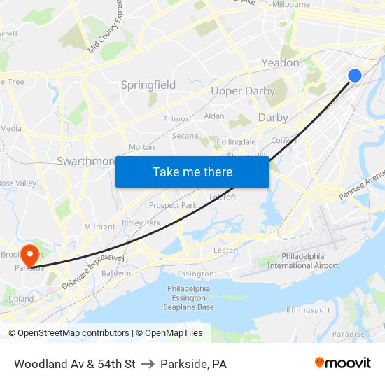 Woodland Av & 54th St to Parkside, PA map