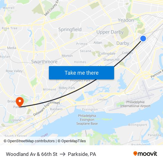 Woodland Av & 66th St to Parkside, PA map