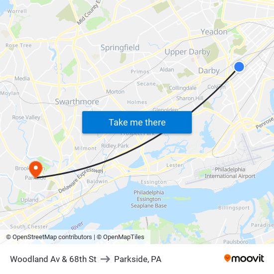 Woodland Av & 68th St to Parkside, PA map