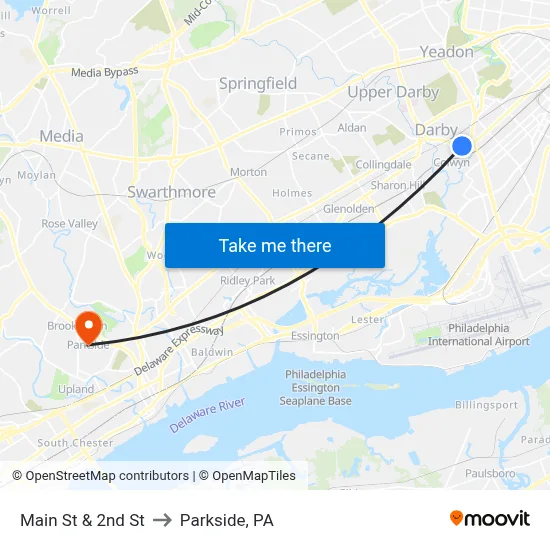 Main St & 2nd St to Parkside, PA map
