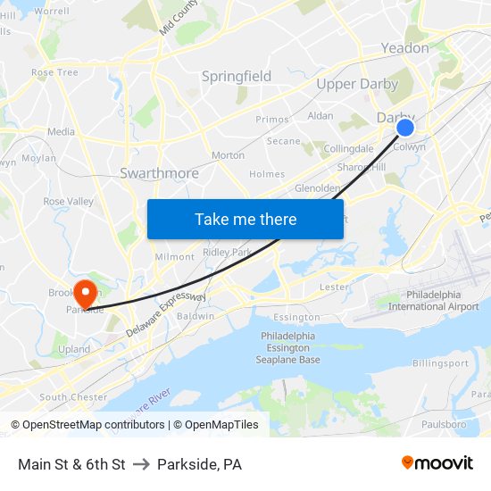 Main St & 6th St to Parkside, PA map