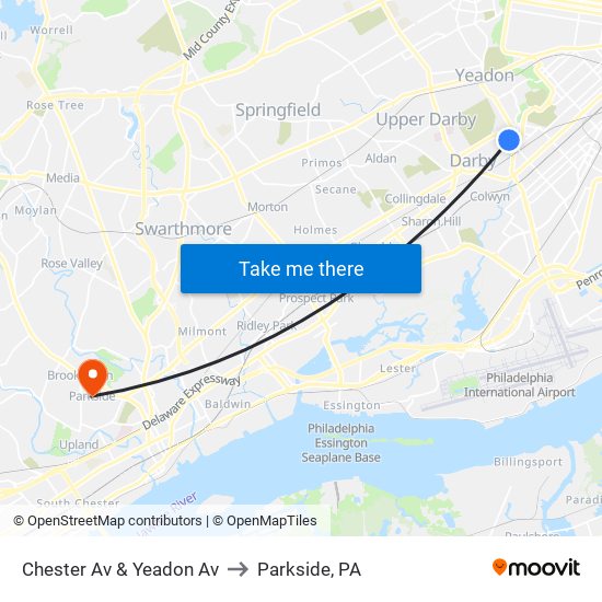 Chester Av & Yeadon Av to Parkside, PA map