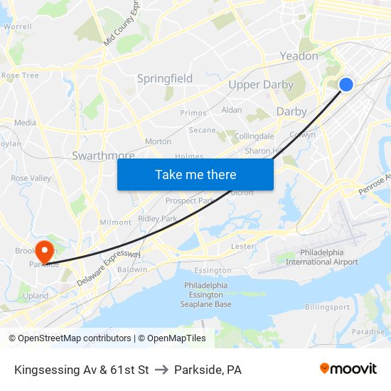 Kingsessing Av & 61st St to Parkside, PA map