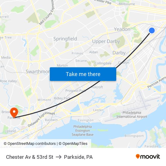 Chester Av & 53rd St to Parkside, PA map