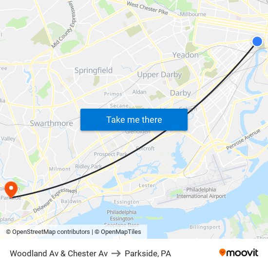 Woodland Av & Chester Av to Parkside, PA map