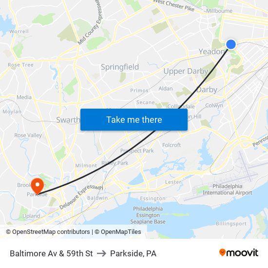 Baltimore Av & 59th St to Parkside, PA map