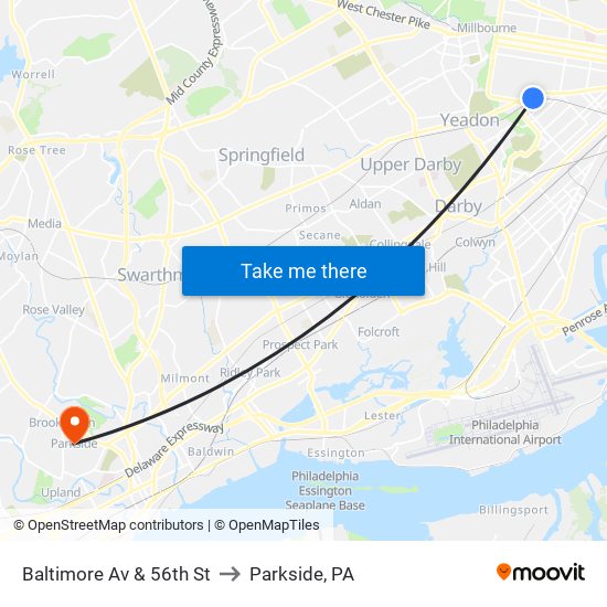 Baltimore Av & 56th St to Parkside, PA map