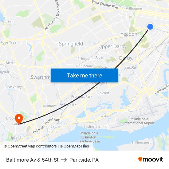 Baltimore Av & 54th St to Parkside, PA map