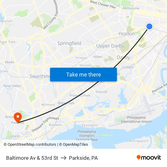 Baltimore Av & 53rd St to Parkside, PA map