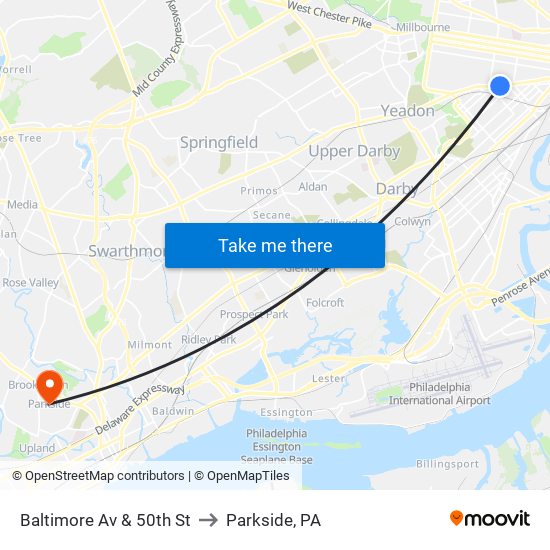 Baltimore Av & 50th St to Parkside, PA map