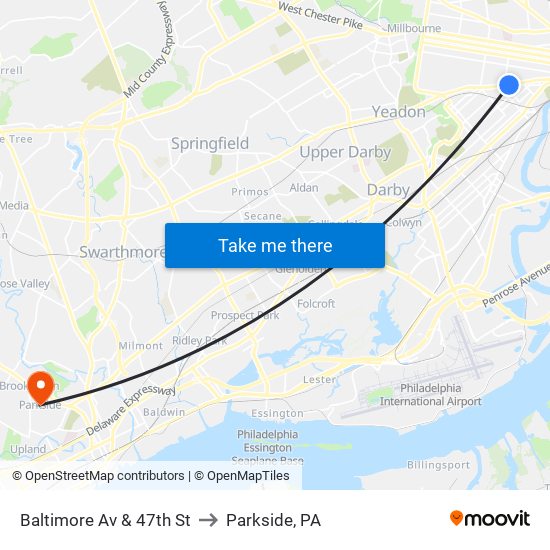 Baltimore Av & 47th St to Parkside, PA map