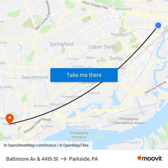 Baltimore Av & 44th St to Parkside, PA map
