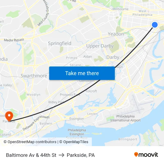 Baltimore Av & 44th St to Parkside, PA map