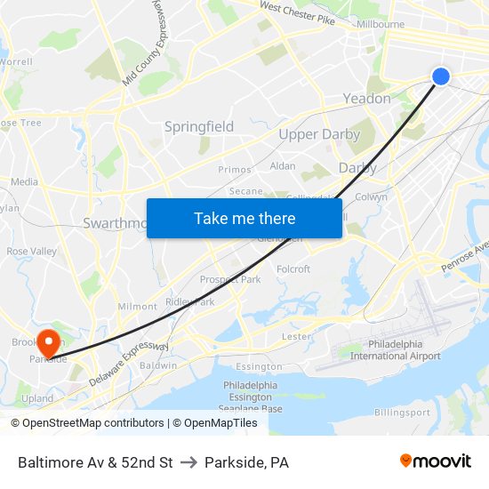 Baltimore Av & 52nd St to Parkside, PA map