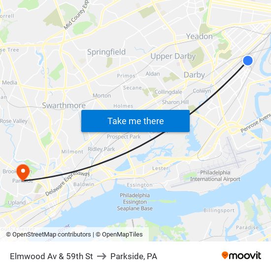 Elmwood Av & 59th St to Parkside, PA map