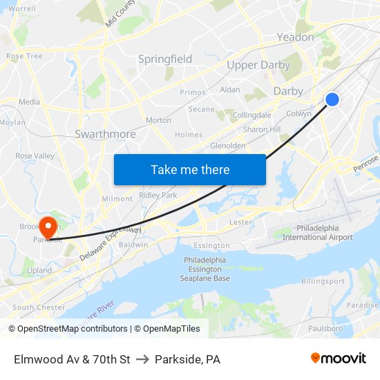 Elmwood Av & 70th St to Parkside, PA map