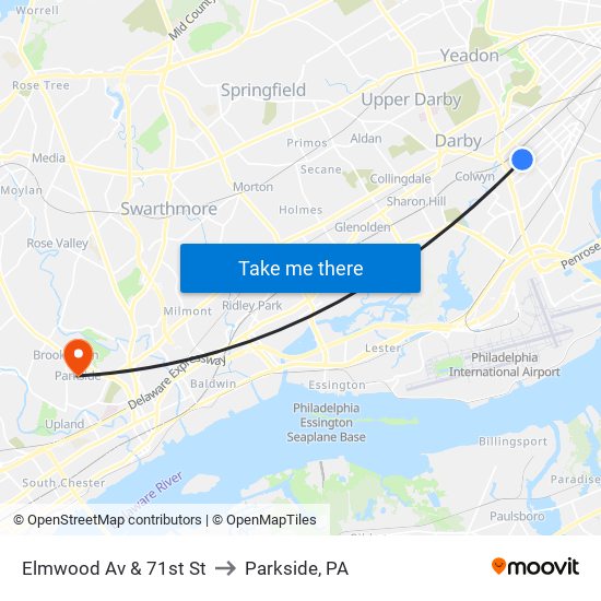 Elmwood Av & 71st St to Parkside, PA map