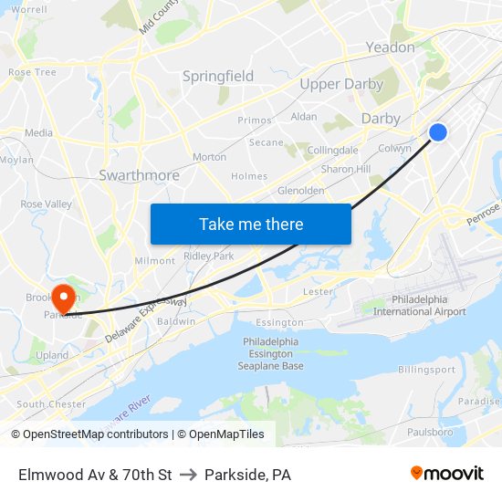 Elmwood Av & 70th St to Parkside, PA map
