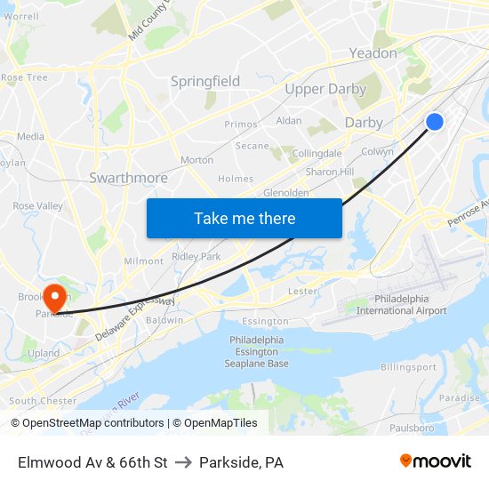 Elmwood Av & 66th St to Parkside, PA map