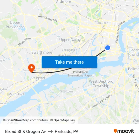 Broad St & Oregon Av to Parkside, PA map