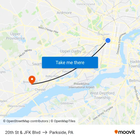 20th St & JFK Blvd to Parkside, PA map
