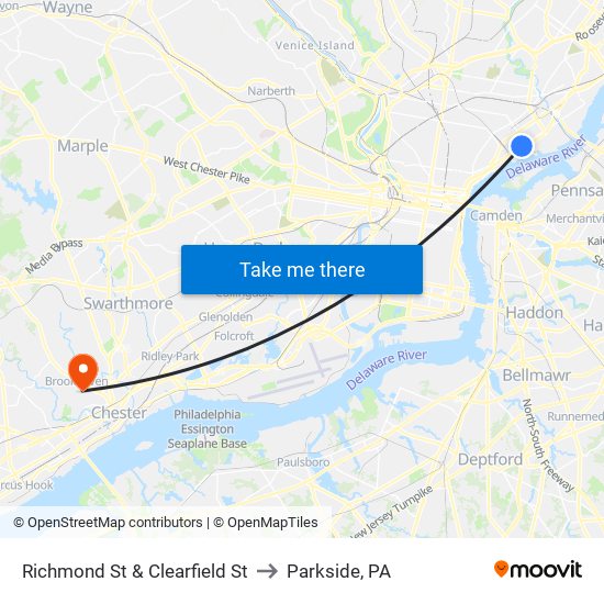 Richmond St & Clearfield St to Parkside, PA map