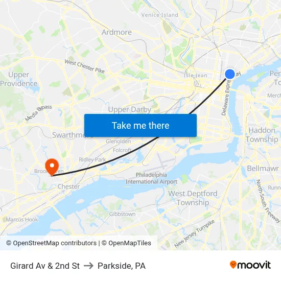 Girard Av & 2nd St to Parkside, PA map