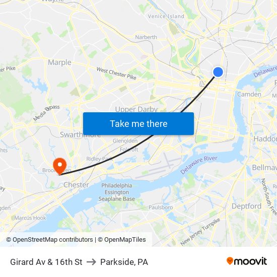 Girard Av & 16th St to Parkside, PA map