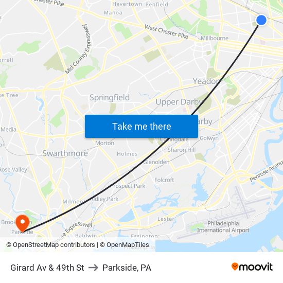 Girard Av & 49th St to Parkside, PA map