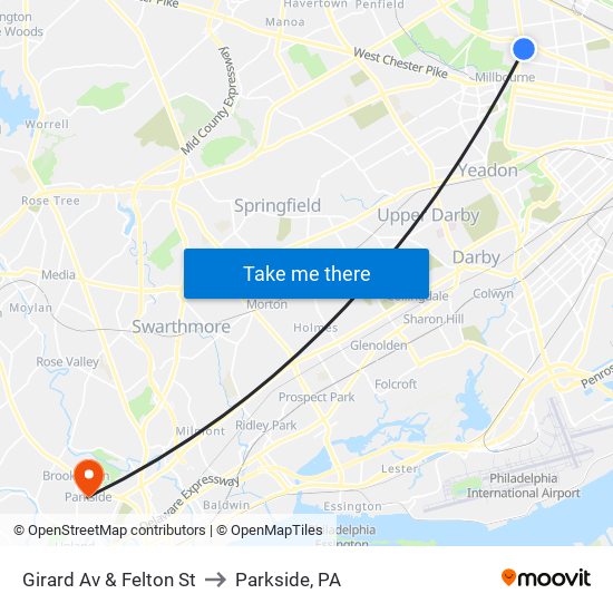 Girard Av & Felton St to Parkside, PA map