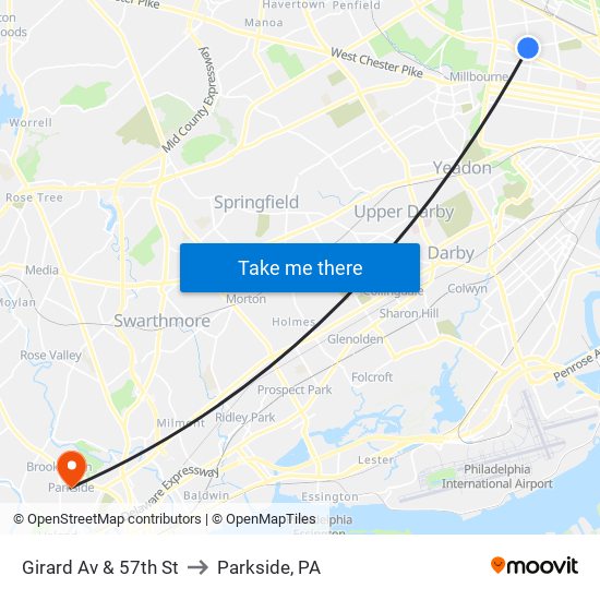 Girard Av & 57th St to Parkside, PA map