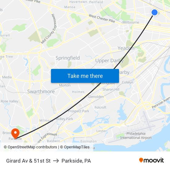 Girard Av & 51st St to Parkside, PA map