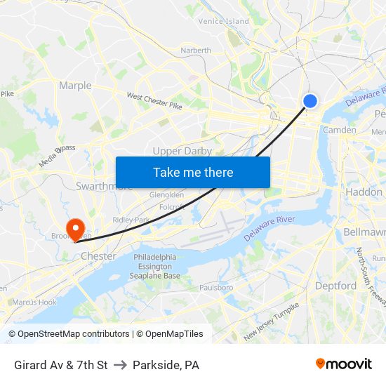 Girard Av & 7th St to Parkside, PA map