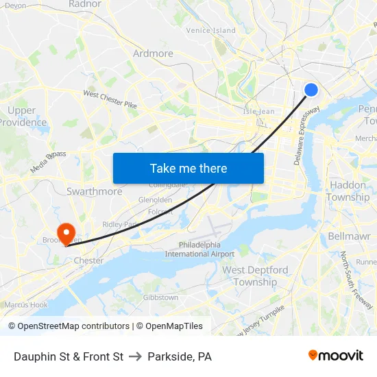Dauphin St & Front St to Parkside, PA map