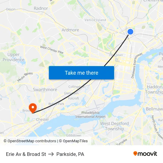Erie Av & Broad St to Parkside, PA map
