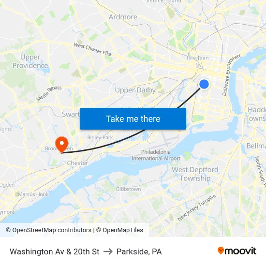 Washington Av & 20th St to Parkside, PA map