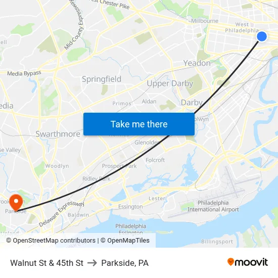 Walnut St & 45th St to Parkside, PA map