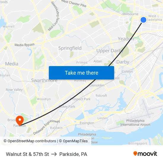 Walnut St & 57th St to Parkside, PA map