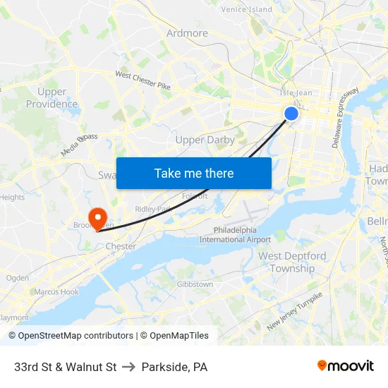 33rd St & Walnut St to Parkside, PA map