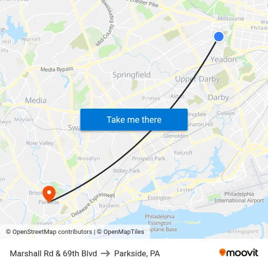 Marshall Rd & 69th Blvd to Parkside, PA map