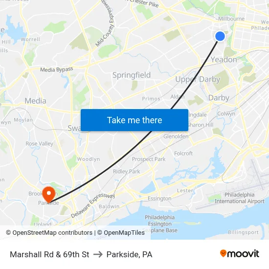 Marshall Rd & 69th St to Parkside, PA map