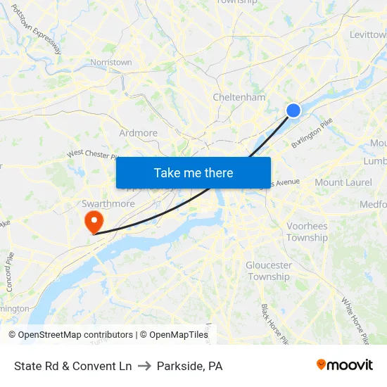 State Rd & Convent Ln to Parkside, PA map