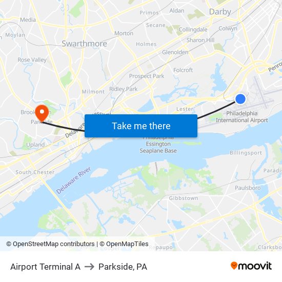 Airport Terminal A to Parkside, PA map