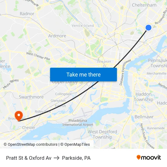Pratt St & Oxford Av to Parkside, PA map