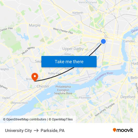 University City to Parkside, PA map